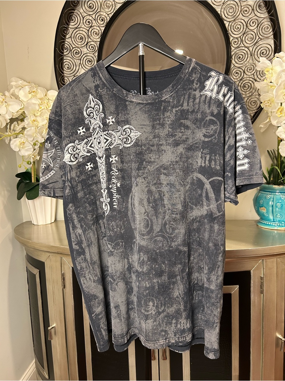 Affliction Black Distressed Short-Sleeve Tee with White Cross Graphic